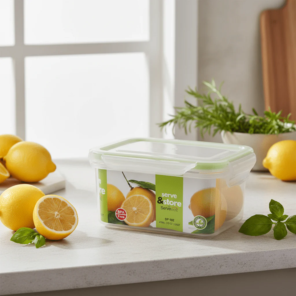 Servewell Plastic Rectangular Food Container With Lid 470ml-Green&White - Image 3