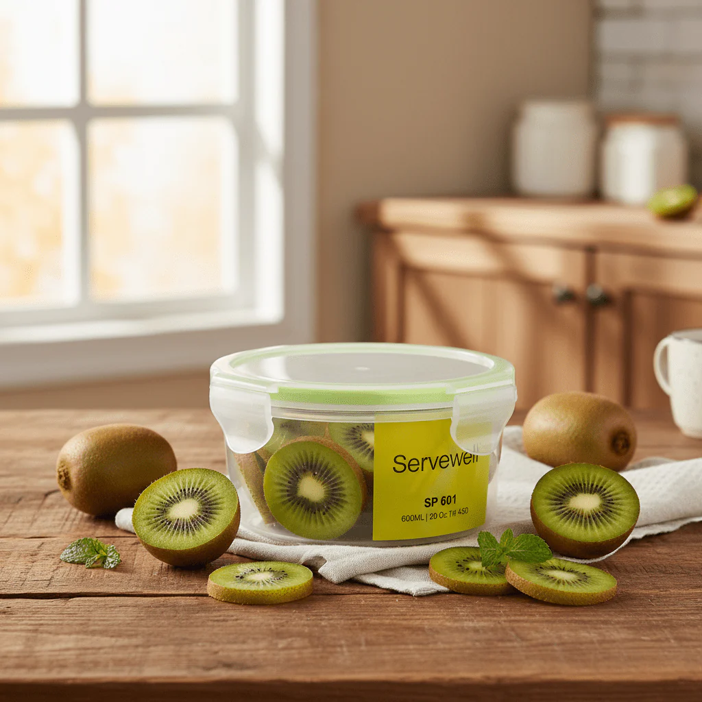 Servewell Plastic Round Food Container With Lid 600ml-Green&White - Image 2