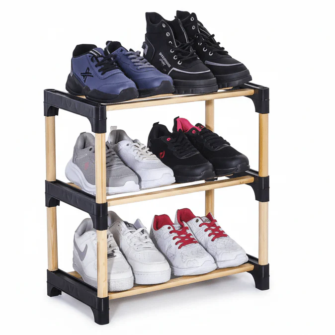 SEWOOD Modular Wood Shoe Rack 3 Tiers | Tool-Free Assembly | 46.5×27.5×51 cm