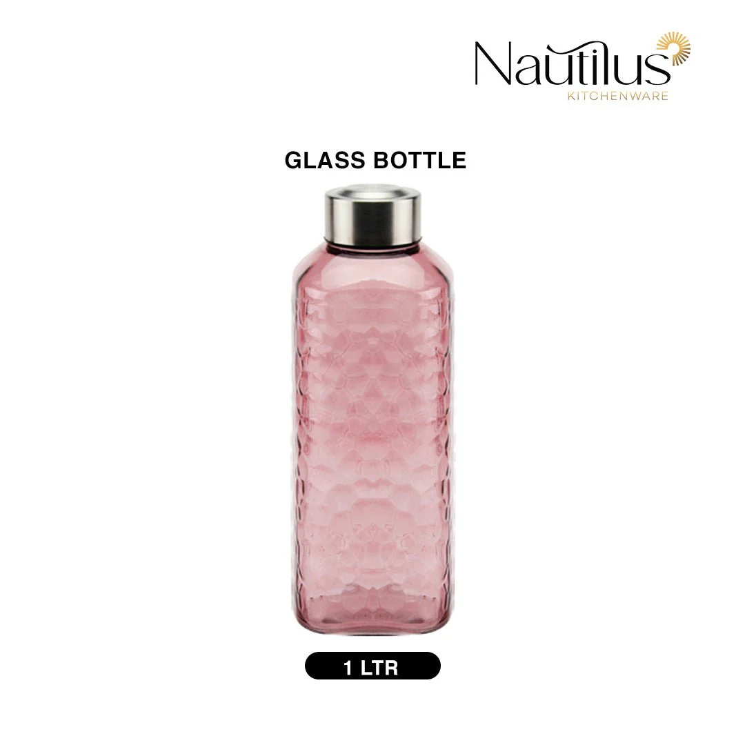 Nautilus Glass Bottle 1000ml Glass, Honeycomp Design , Non-Toxic and Food-Safe Material, Dishwasher Safe ,With metal lid - Transparent Pink