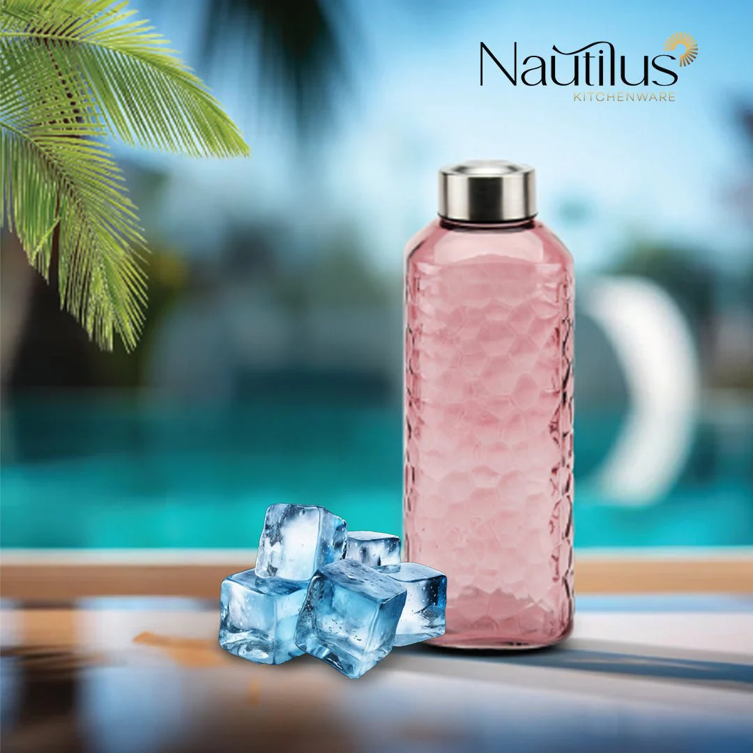Nautilus Glass Bottle 1000ml Glass, Honeycomp Design , Non-Toxic and Food-Safe Material, Dishwasher Safe ,With metal lid - Transparent Pink - Image 2