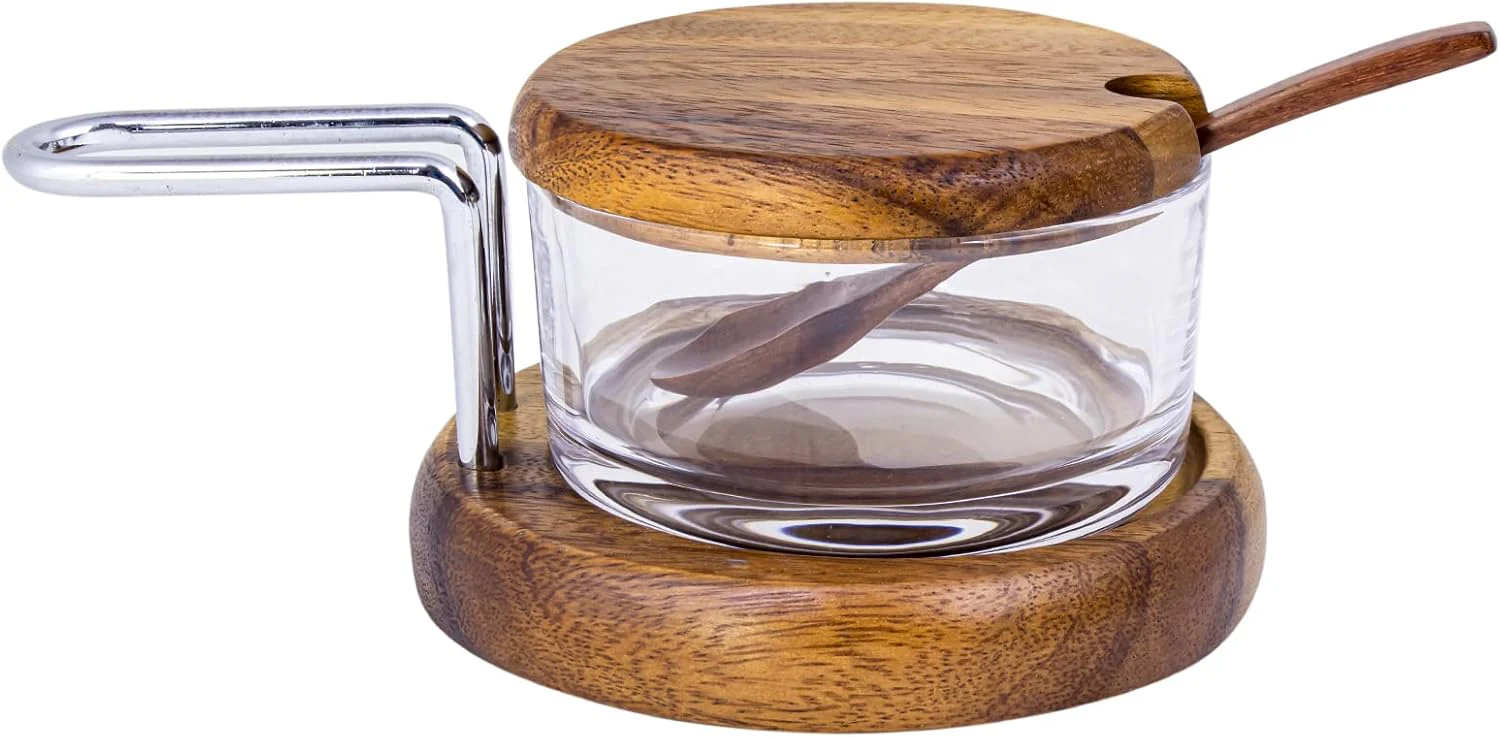 Billi Glass Spice Jar Condiment Pot Storage Jar with Wooden Lid, Spoon, Wooden Base Glass Canisters Seasoning Box for Condiment, Salt, Sugar, Herb, Brown