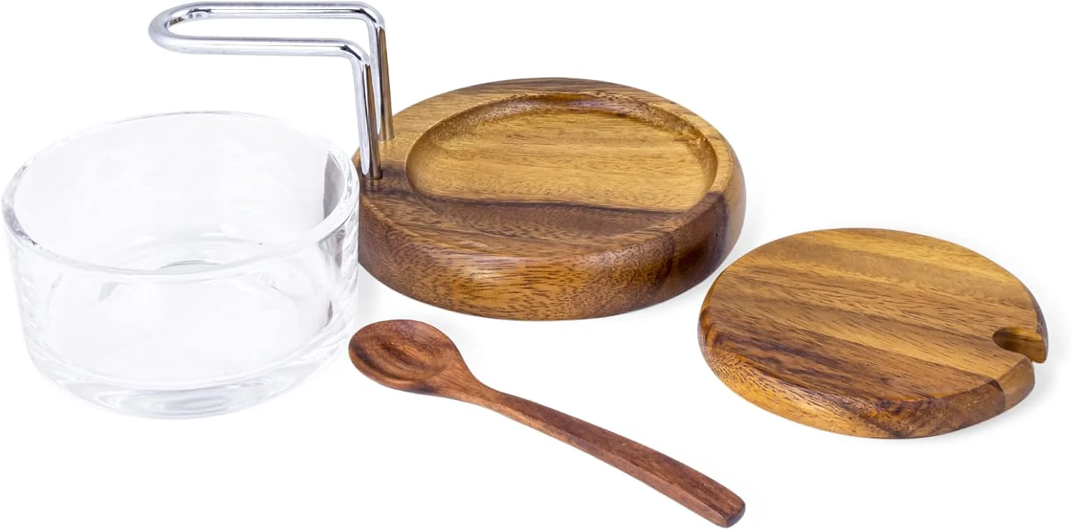 Billi Glass Spice Jar Condiment Pot Storage Jar with Wooden Lid, Spoon, Wooden Base Glass Canisters Seasoning Box for Condiment, Salt, Sugar, Herb, Brown - Image 3