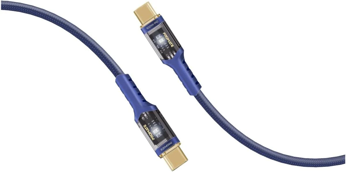 Promate USB-C to USB-C Cable, Fast-Charging 100W Power Delivery Type-C Cable with Transparent Tips, LED, 25000+ Long Bend Lifespan, 480Mbps Data Sync and 120cm Nylon Braided Cord,LucidLine-CC120 Navy