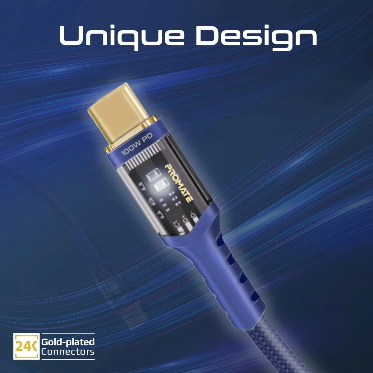 Promate USB-C to USB-C Cable, Fast-Charging 100W Power Delivery Type-C Cable with Transparent Tips, LED, 25000+ Long Bend Lifespan, 480Mbps Data Sync and 120cm Nylon Braided Cord,LucidLine-CC120 Navy - Image 3