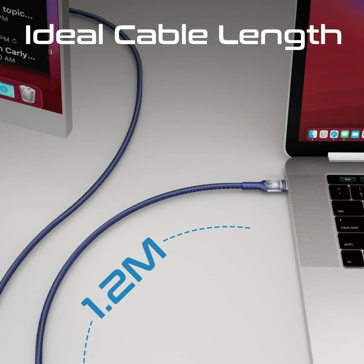 Promate USB-C to USB-C Cable, Fast-Charging 100W Power Delivery Type-C Cable with Transparent Tips, LED, 25000+ Long Bend Lifespan, 480Mbps Data Sync and 120cm Nylon Braided Cord,LucidLine-CC120 Navy - Image 4