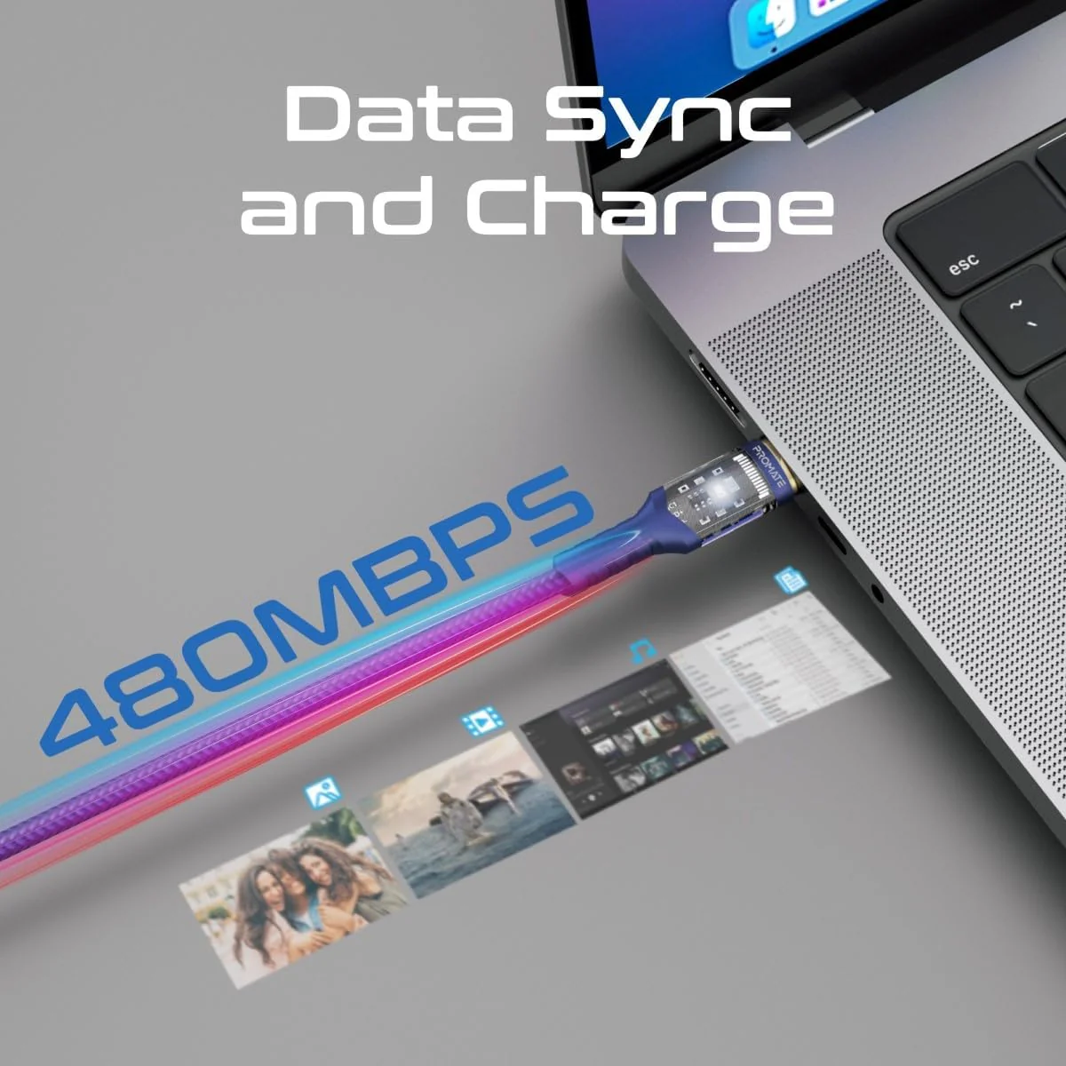 Promate USB-C to USB-C Cable, Fast-Charging 100W Power Delivery Type-C Cable with Transparent Tips, LED, 25000+ Long Bend Lifespan, 480Mbps Data Sync and 120cm Nylon Braided Cord,LucidLine-CC120 Navy - Image 5