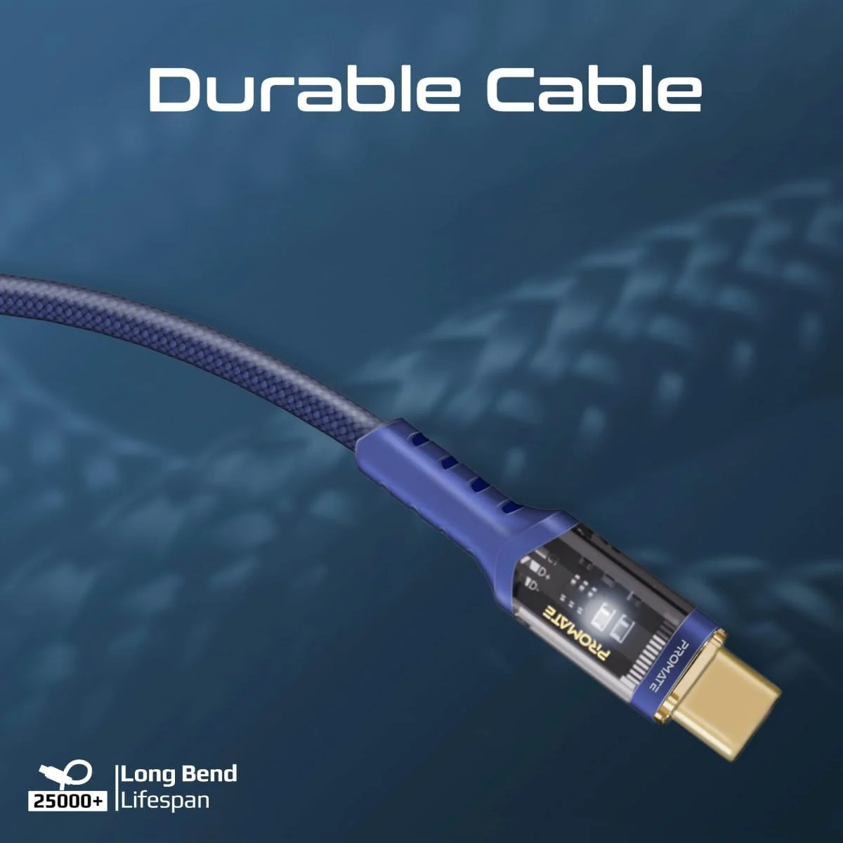 Promate USB-C to USB-C Cable, Fast-Charging 100W Power Delivery Type-C Cable with Transparent Tips, LED, 25000+ Long Bend Lifespan, 480Mbps Data Sync and 120cm Nylon Braided Cord,LucidLine-CC120 Navy - Image 6