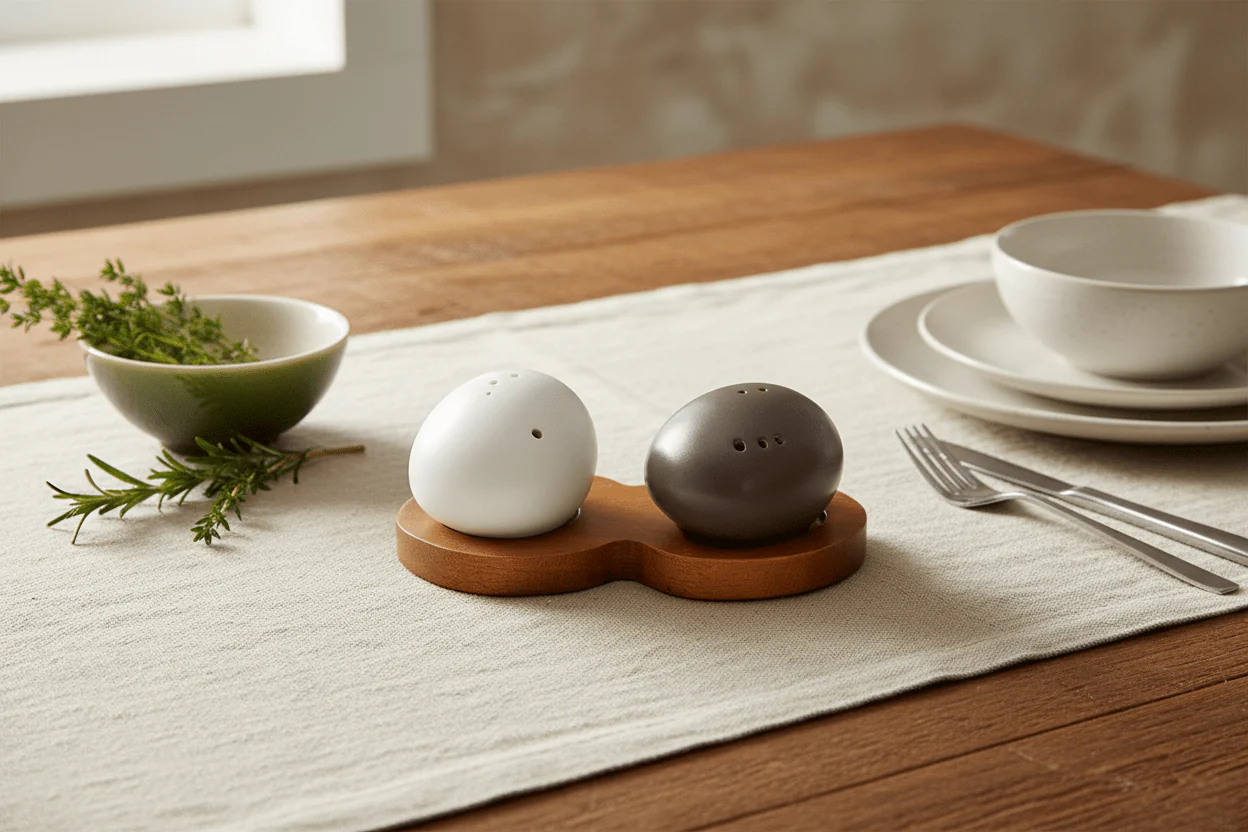 Billi Acacia Salt & Pepper Egg Shaker Set – Wood Tray | 13×8.5×4.5 cm - Image 2
