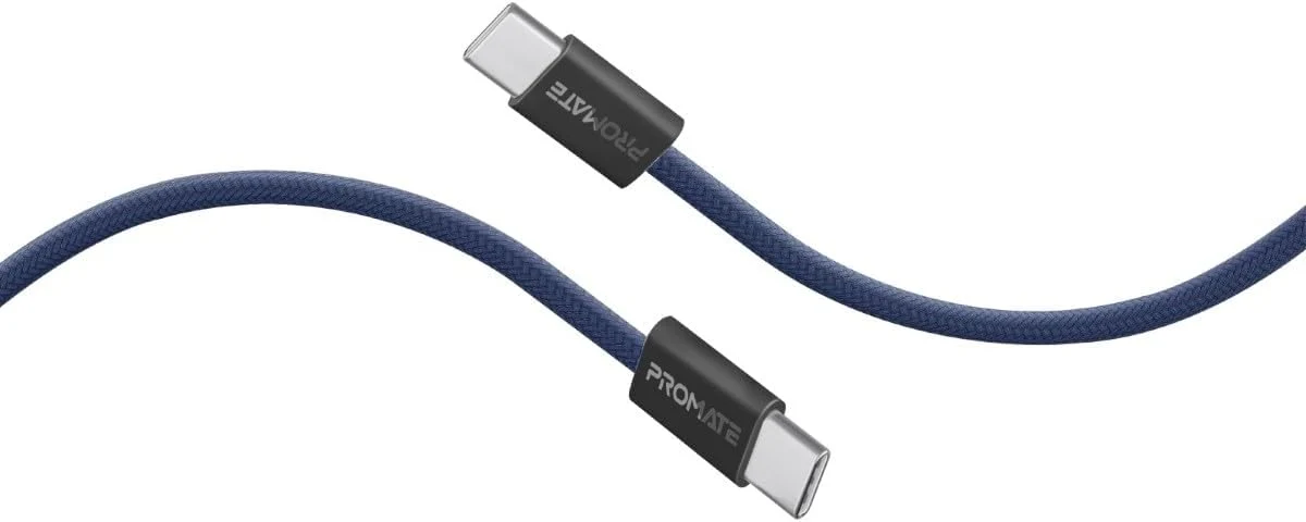 Promate USB-C to USB-C Cable, Premium 60W Power Delivery Fast Charging Cable, 480Mbps Data Sync, 200cm Anti-Tangle Nylon Braided Cord for iPhone 17, Galaxy S25, iPad Air, Dell, ECOLINE-CC200.NAVY