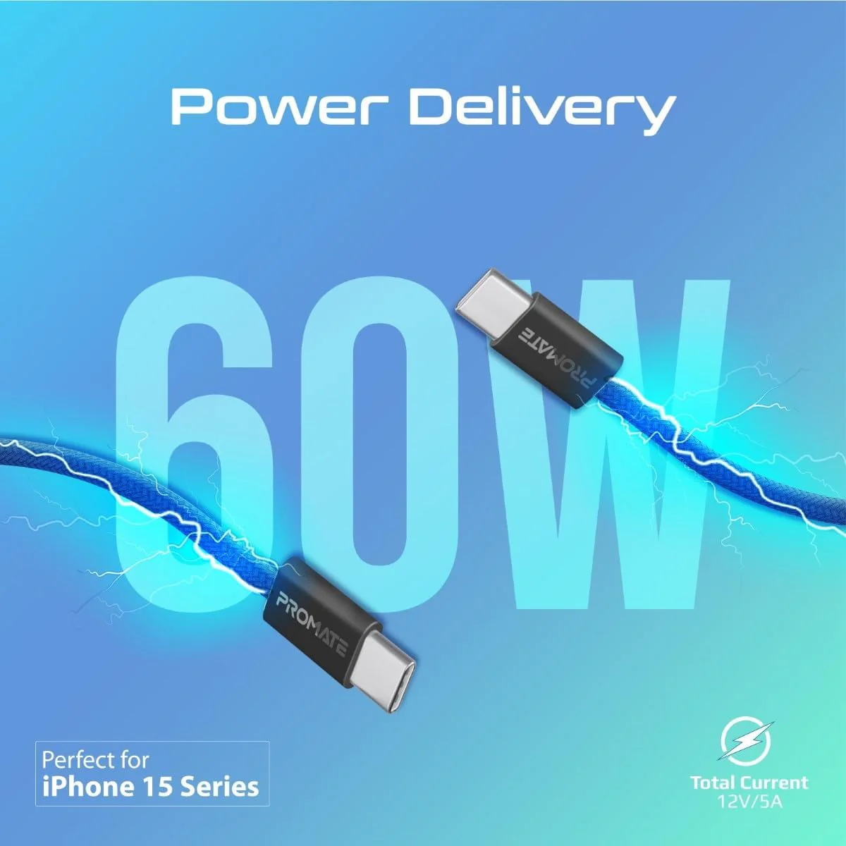 Promate USB-C to USB-C Cable, Premium 60W Power Delivery Fast Charging Cable, 480Mbps Data Sync, 200cm Anti-Tangle Nylon Braided Cord for iPhone 17, Galaxy S25, iPad Air, Dell, ECOLINE-CC200.NAVY - Image 2