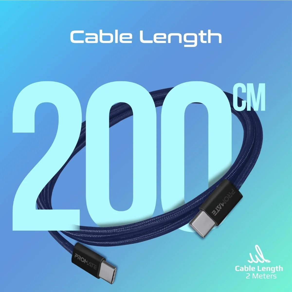 Promate USB-C to USB-C Cable, Premium 60W Power Delivery Fast Charging Cable, 480Mbps Data Sync, 200cm Anti-Tangle Nylon Braided Cord for iPhone 17, Galaxy S25, iPad Air, Dell, ECOLINE-CC200.NAVY - Image 3