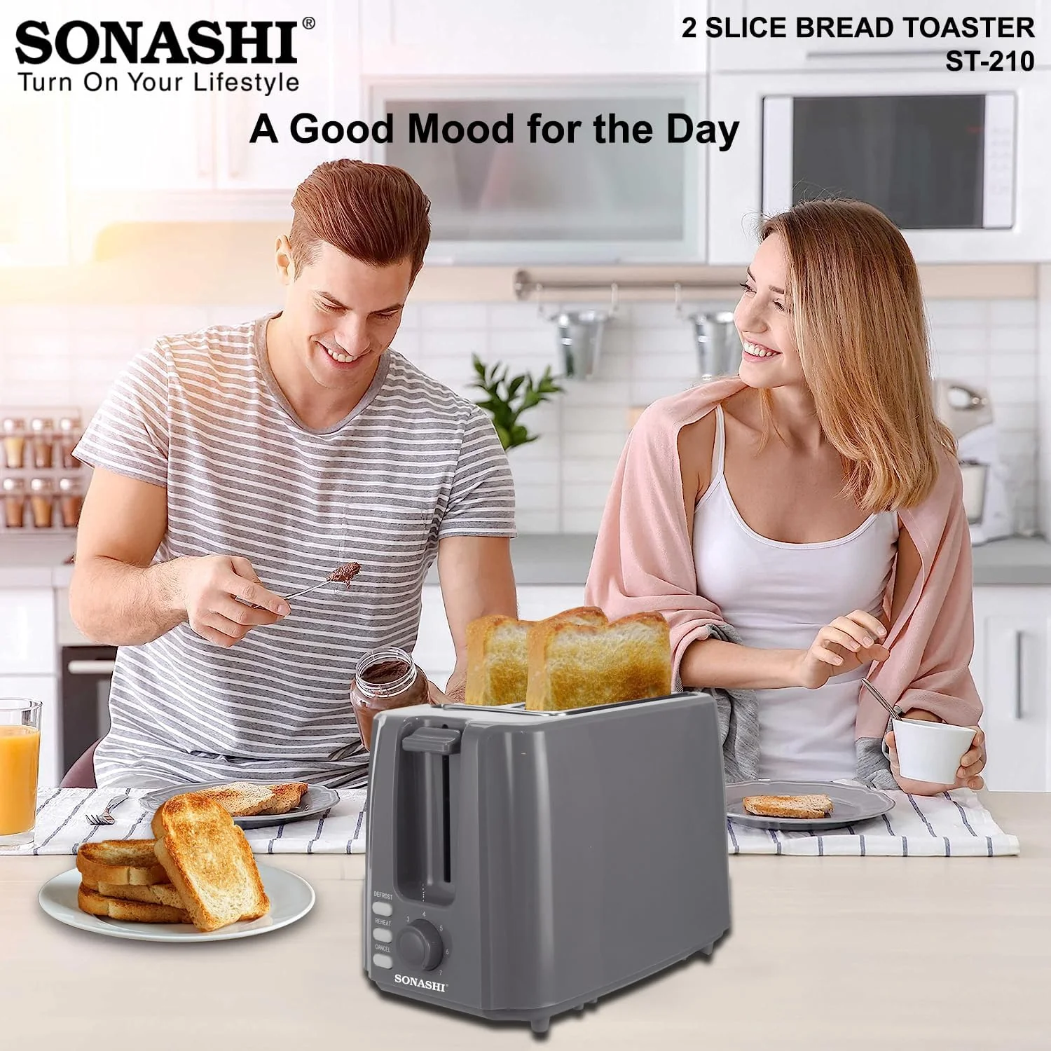 Sonashi 2 Slice Bread Toaster - Adjustable 7 Browning Control with Slide Out Crumb Tray | Defrost, Reheat and Cancel Options | Cool Touch Body for Fast Toasting 750 W ST-210 Grey - Image 2