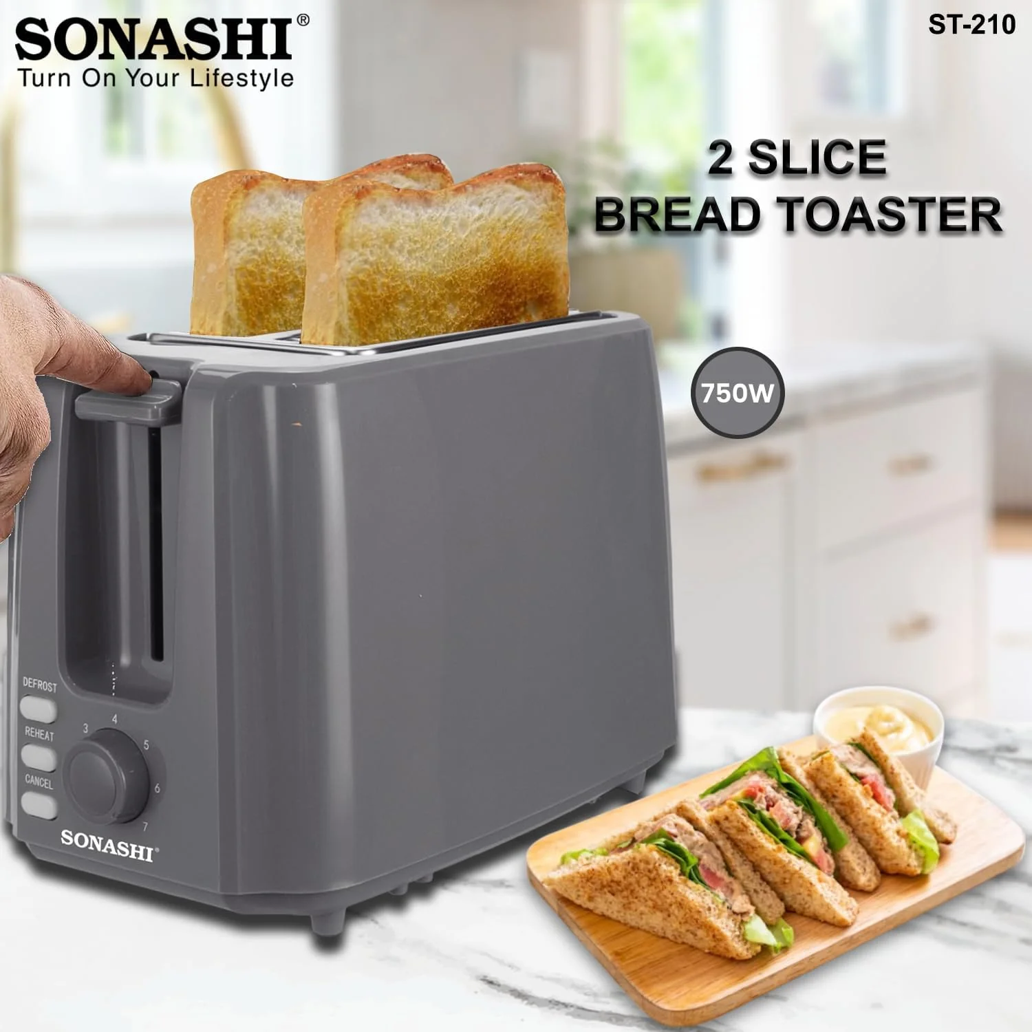 Sonashi 2 Slice Bread Toaster - Adjustable 7 Browning Control with Slide Out Crumb Tray | Defrost, Reheat and Cancel Options | Cool Touch Body for Fast Toasting 750 W ST-210 Grey - Image 3