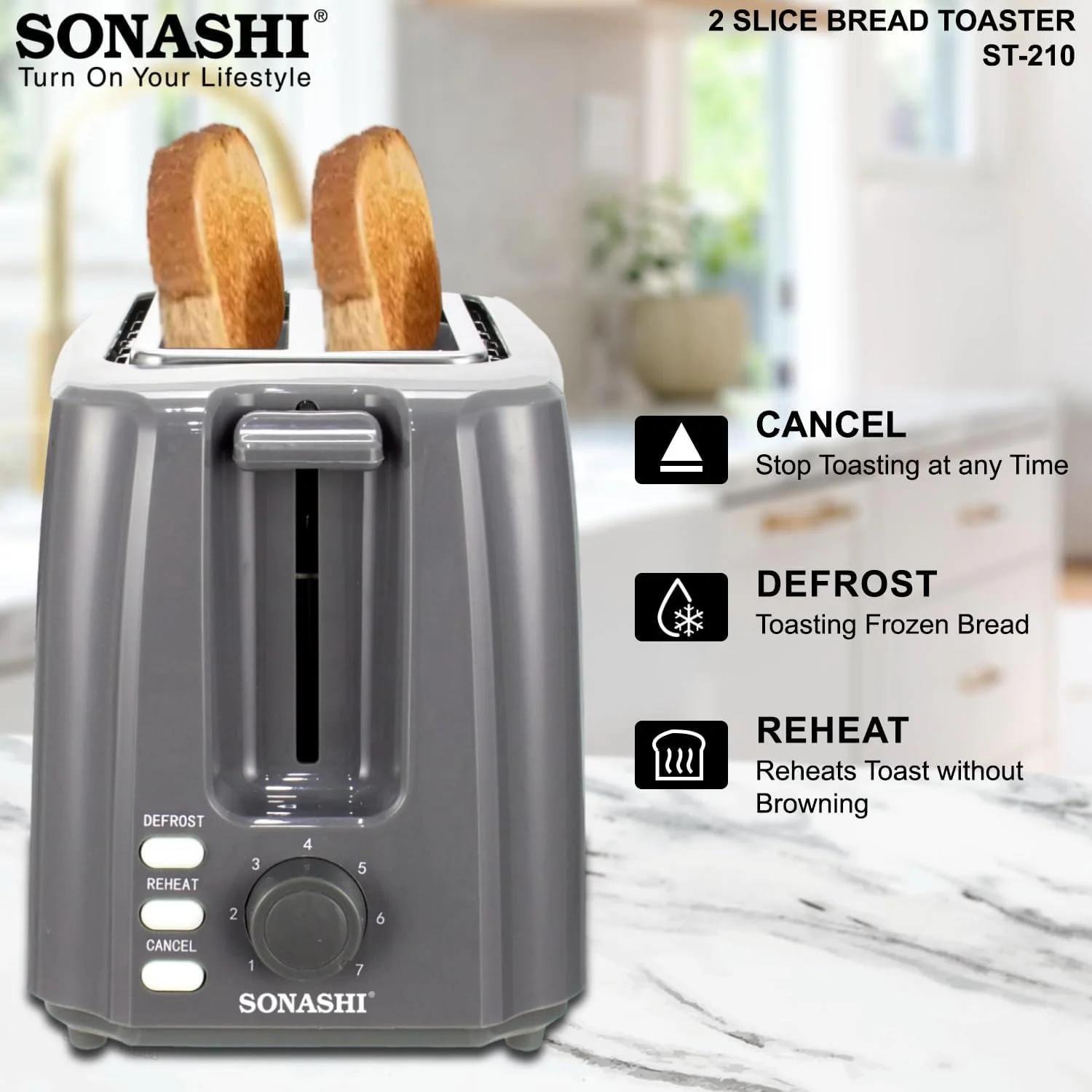 Sonashi 2 Slice Bread Toaster - Adjustable 7 Browning Control with Slide Out Crumb Tray | Defrost, Reheat and Cancel Options | Cool Touch Body for Fast Toasting 750 W ST-210 Grey - Image 4