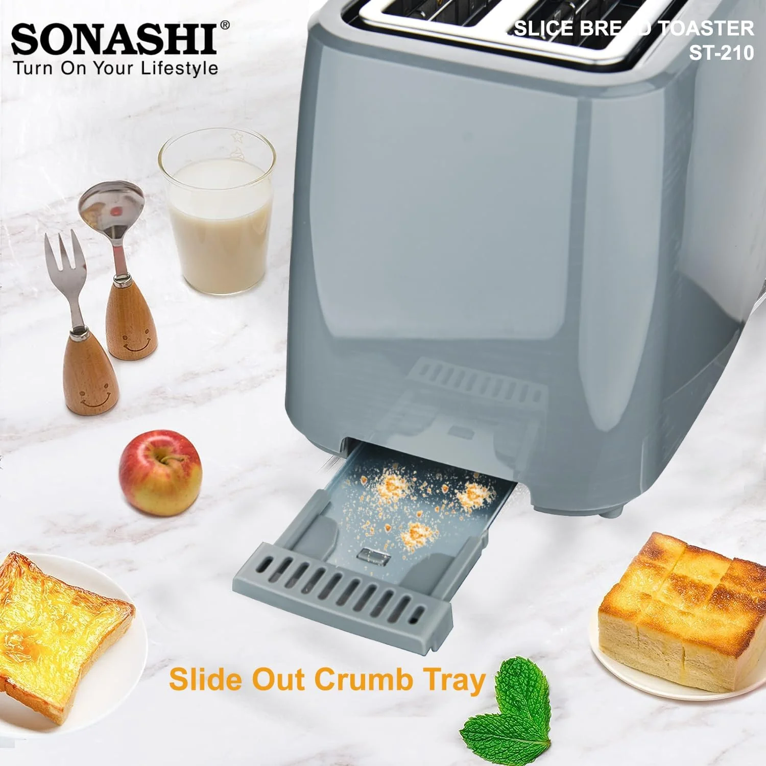 Sonashi 2 Slice Bread Toaster - Adjustable 7 Browning Control with Slide Out Crumb Tray | Defrost, Reheat and Cancel Options | Cool Touch Body for Fast Toasting 750 W ST-210 Grey - Image 5