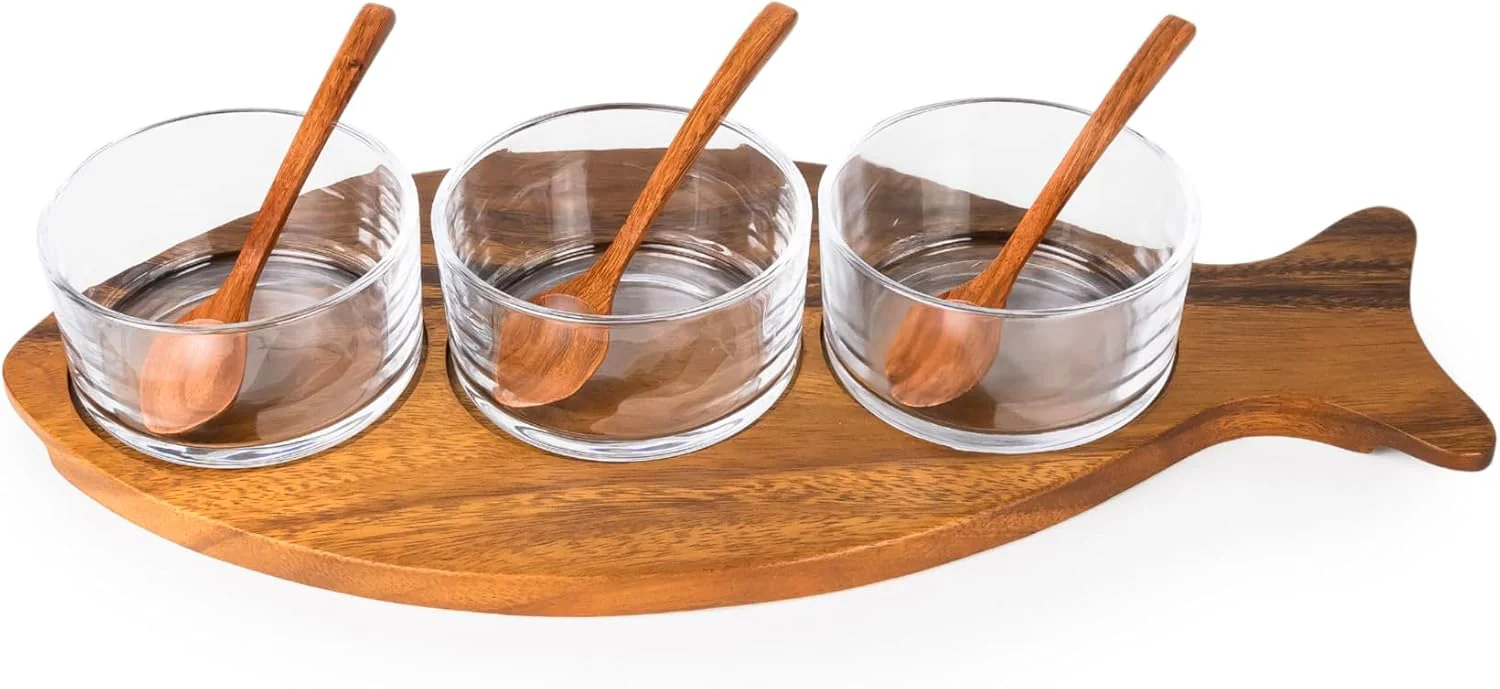 Billi Fish-Shaped Acacia Wood Condiment Set – 3 Glass Bowls & 3 Wooden Spoons