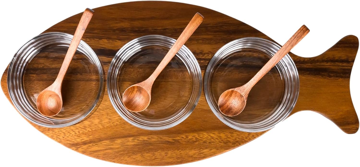 Billi Fish-Shaped Acacia Wood Condiment Set – 3 Glass Bowls & 3 Wooden Spoons - Image 2