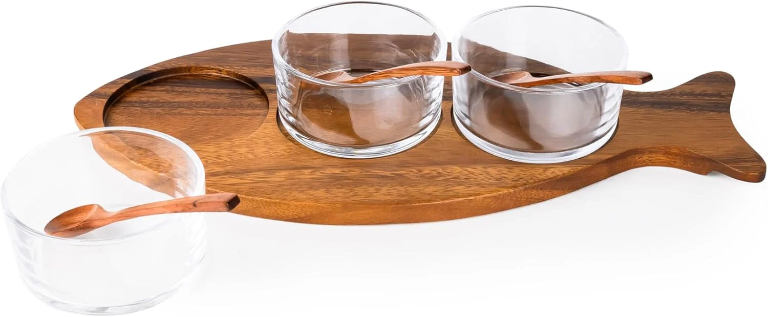 Billi Fish-Shaped Acacia Wood Condiment Set – 3 Glass Bowls & 3 Wooden Spoons - Image 3