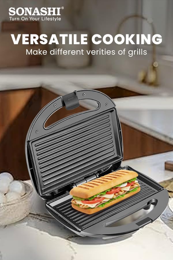 Sonashi 2 Slice Non-Stick Sandwich Grill SGT-853N – Stainless Steel Sandwich Maker with Handle Locking System, Indicator Light, Overheat Protection | Kitchen Appliances - Image 2
