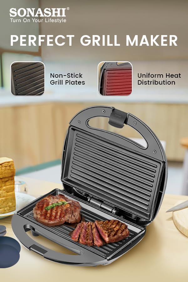 Sonashi 2 Slice Non-Stick Sandwich Grill SGT-853N – Stainless Steel Sandwich Maker with Handle Locking System, Indicator Light, Overheat Protection | Kitchen Appliances - Image 3