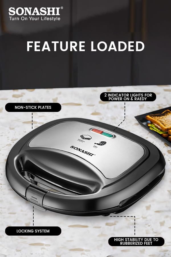 Sonashi 2 Slice Non-Stick Sandwich Grill SGT-853N – Stainless Steel Sandwich Maker with Handle Locking System, Indicator Light, Overheat Protection | Kitchen Appliances - Image 4