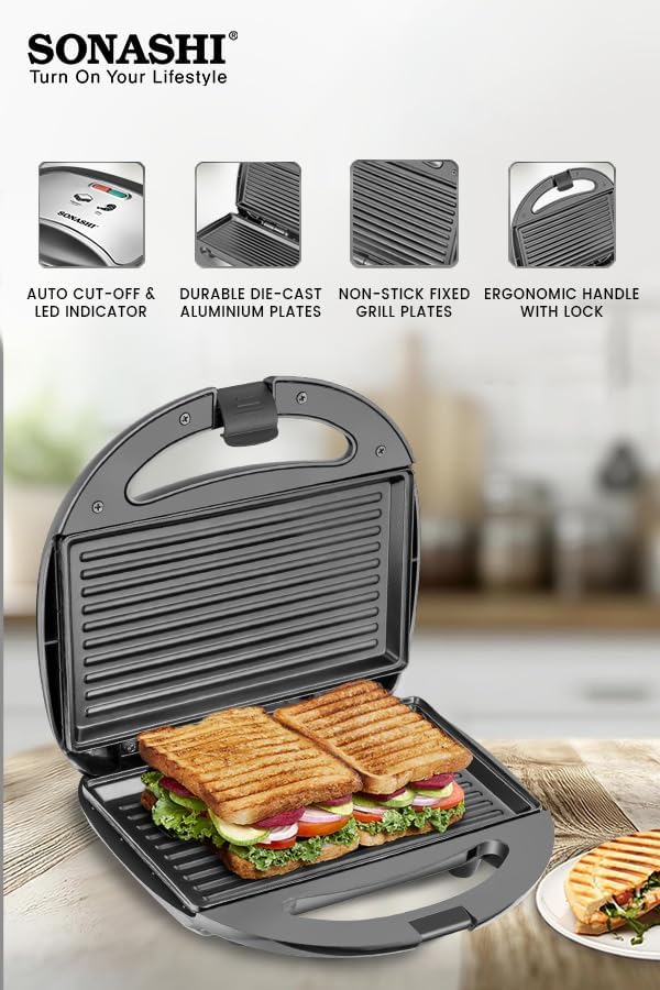 Sonashi 2 Slice Non-Stick Sandwich Grill SGT-853N – Stainless Steel Sandwich Maker with Handle Locking System, Indicator Light, Overheat Protection | Kitchen Appliances - Image 5