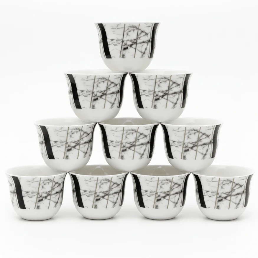 Shallow 12pcs White Ceramic Cawa Cup Set with Black Elegant Artistic Design 80ml Modern Minimal Mini Cups for Coffee Espresso and Tea Serving