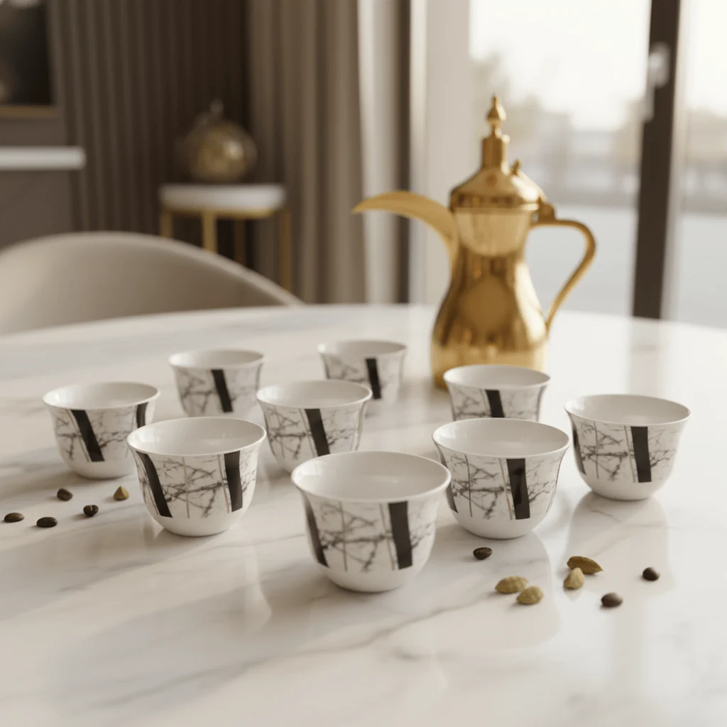 Shallow 12pcs White Ceramic Cawa Cup Set with Black Elegant Artistic Design 80ml Modern Minimal Mini Cups for Coffee Espresso and Tea Serving - Image 2