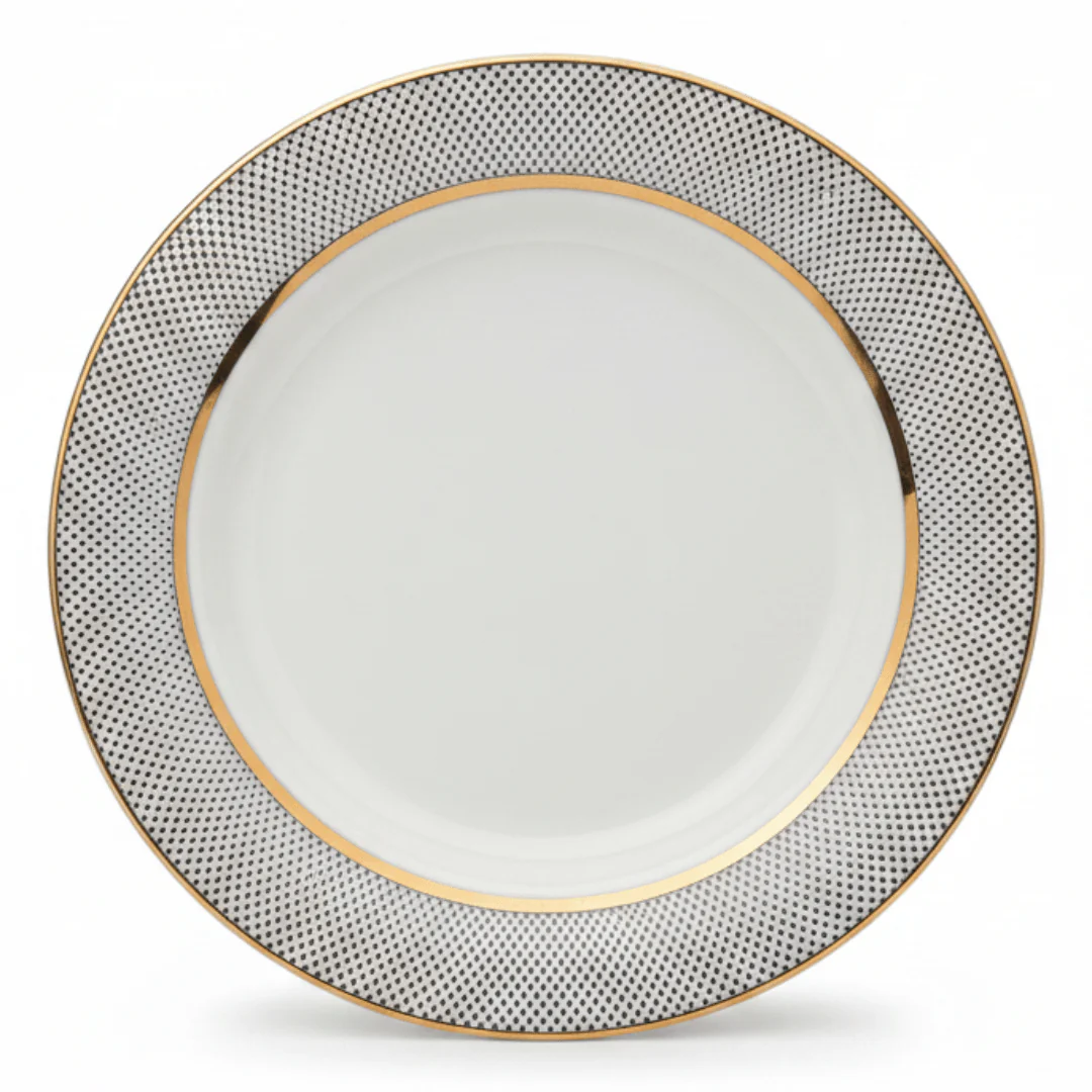 Shallow White Ceramic Dessert Plate with Gold Rim & Dotted Design — 8 Inch