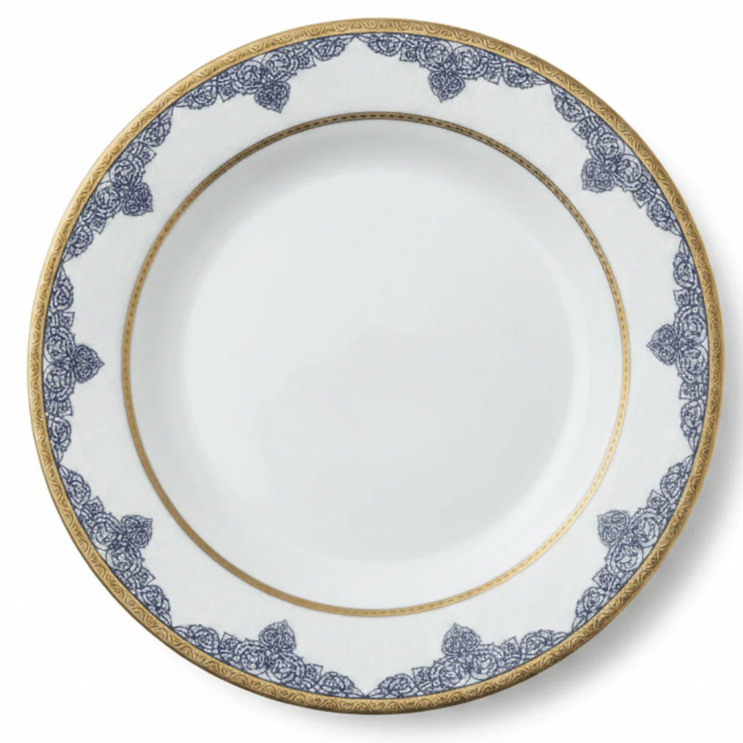 Shallow White Porcelain Dessert Plate with Golden Rim & Navy Blue Floral Design — 8 Inch