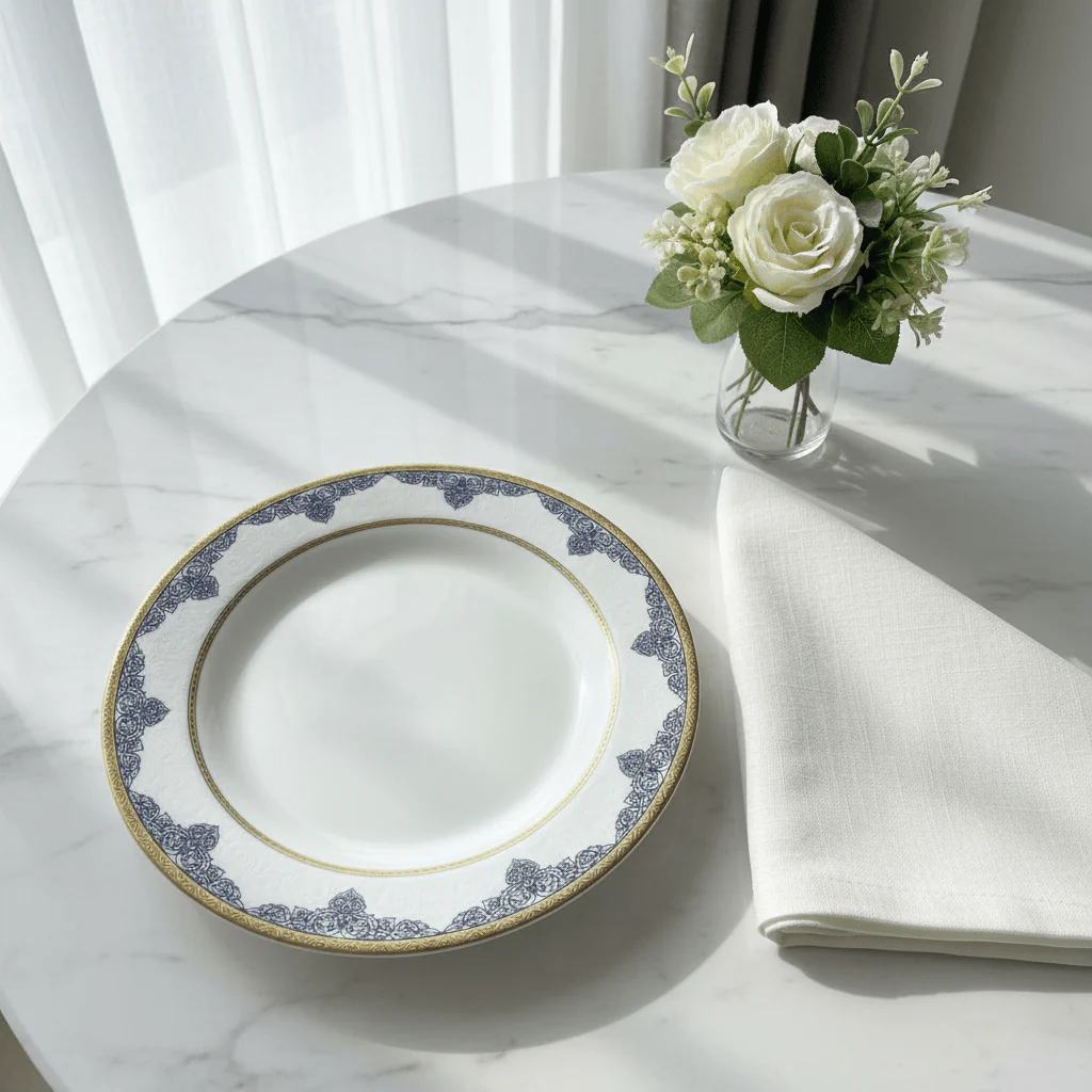 Shallow White Porcelain Dessert Plate with Golden Rim & Navy Blue Floral Design — 8 Inch - Image 2