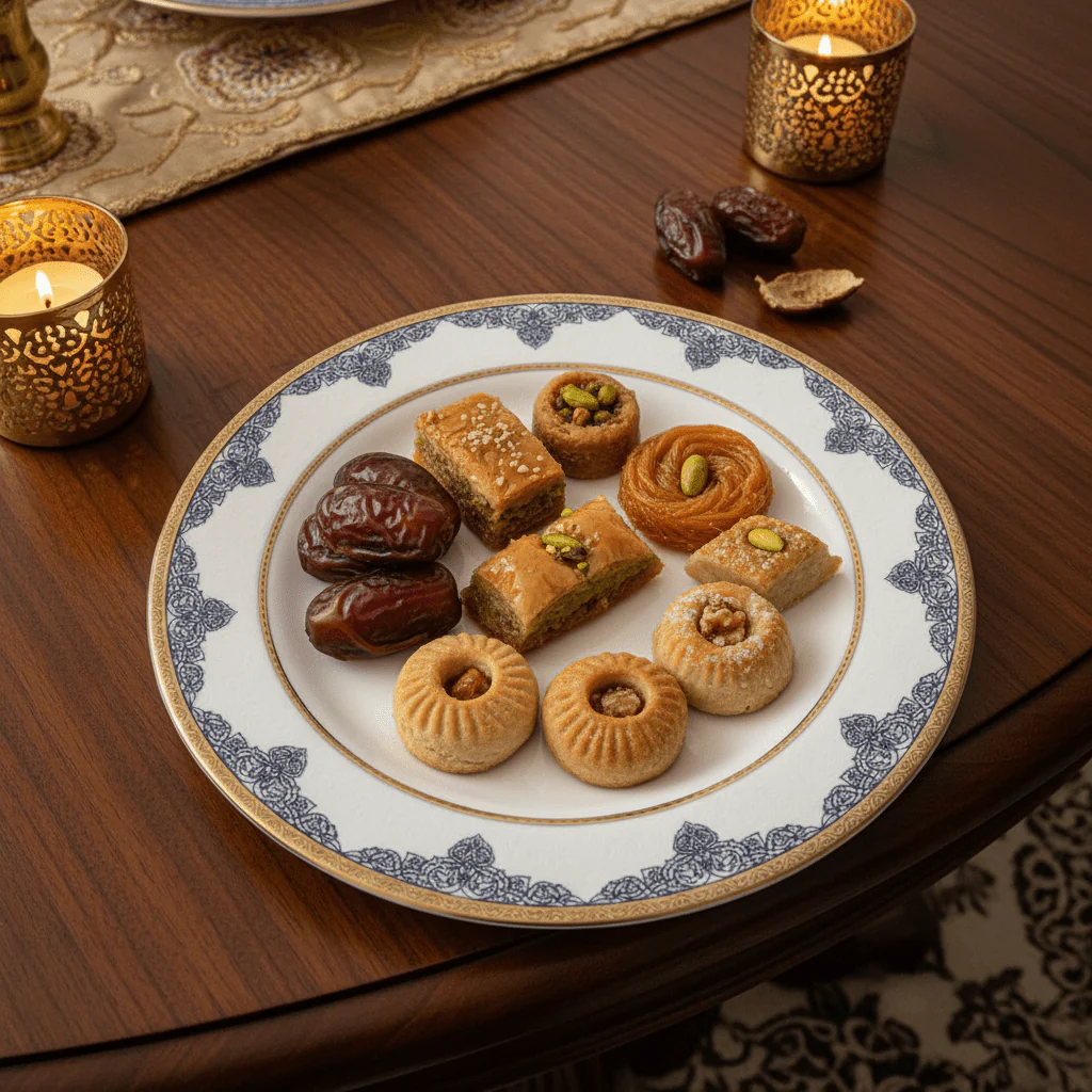 Shallow White Porcelain Dessert Plate with Golden Rim & Navy Blue Floral Design — 8 Inch - Image 3