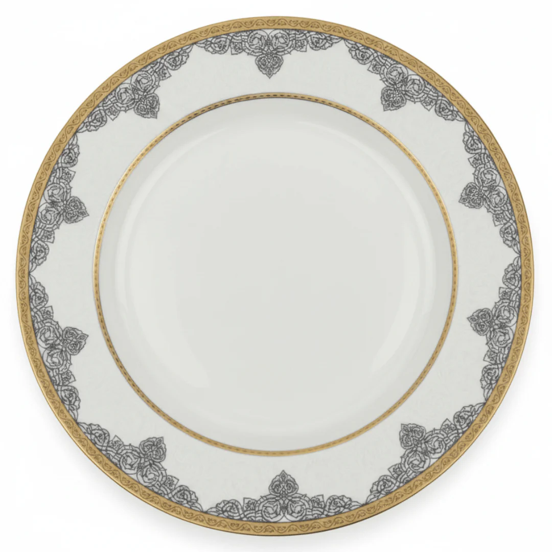 Shallow White Porcelain Dinner Plate with Gold Rim & Arabesque Border — 10.5 Inch
