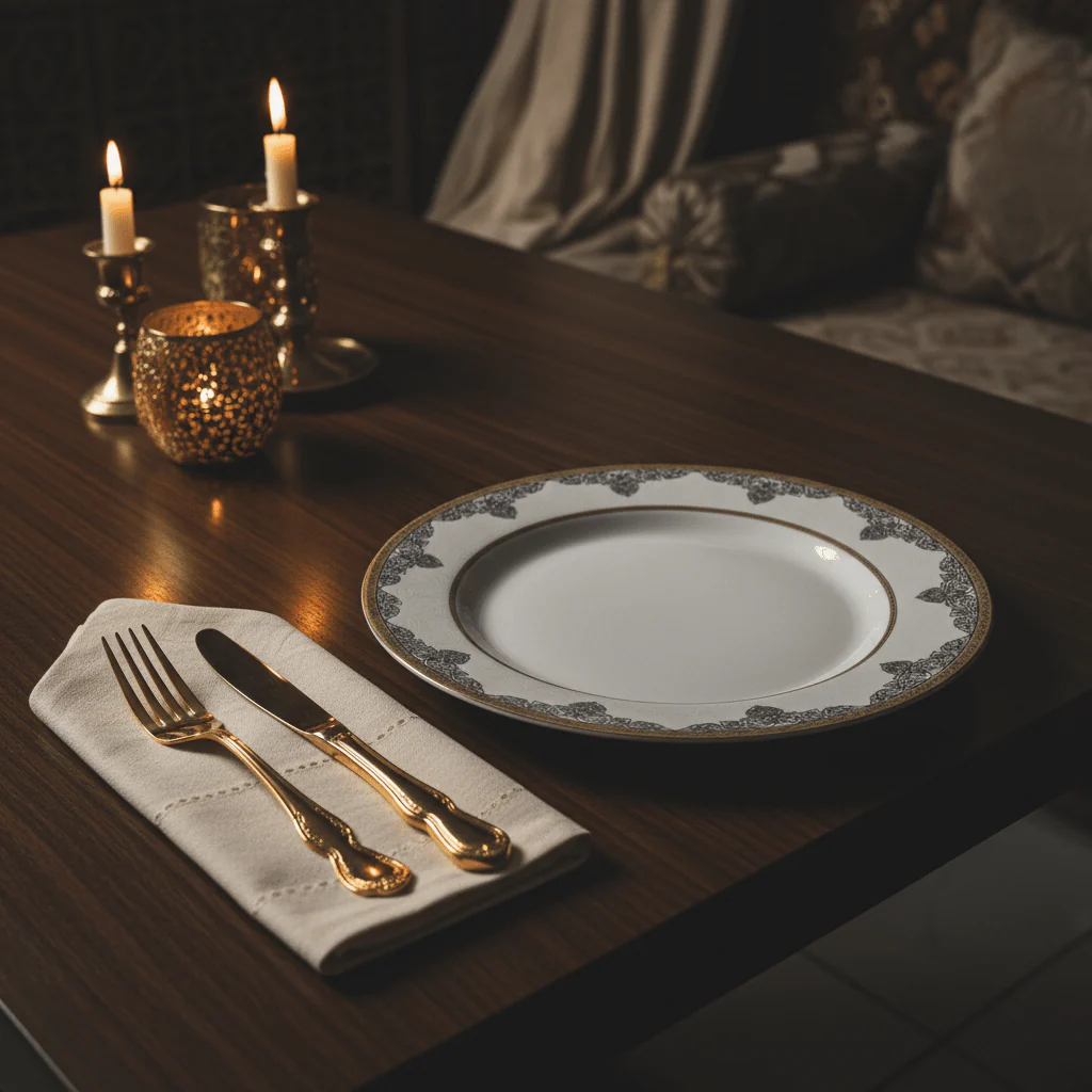 Shallow White Porcelain Dinner Plate with Gold Rim & Arabesque Border — 10.5 Inch - Image 2