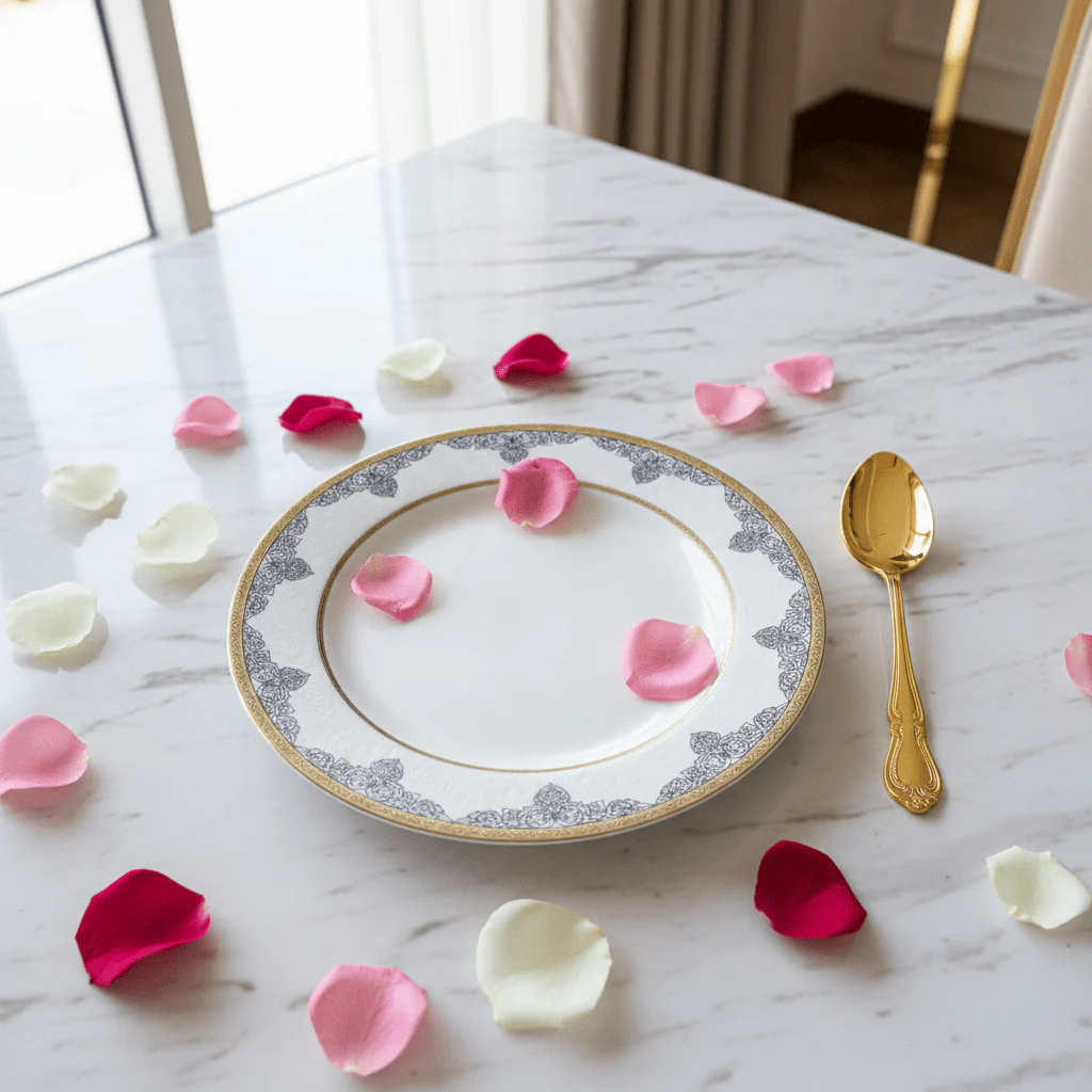 Shallow White Porcelain Dinner Plate with Gold Rim & Arabesque Border — 10.5 Inch - Image 3