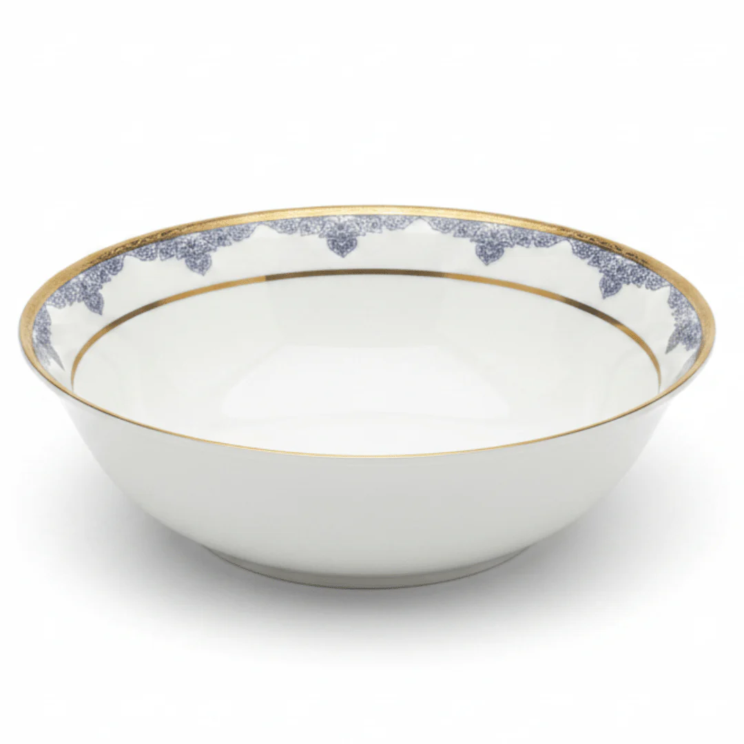 Shallow White Porcelain Serving Bowl with Gold Rim & Floral Design — 9 Inch