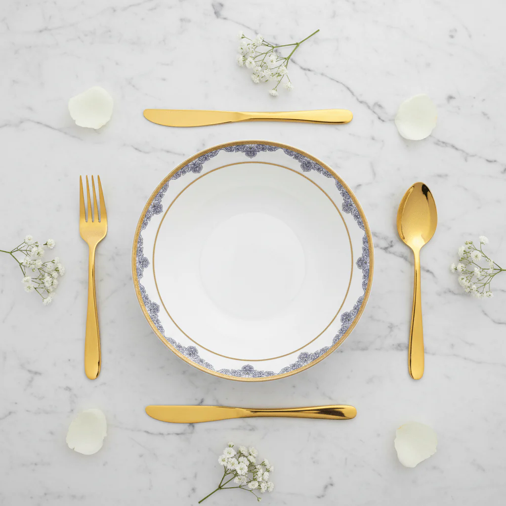 Shallow White Porcelain Serving Bowl with Gold Rim & Floral Design — 9 Inch - Image 3