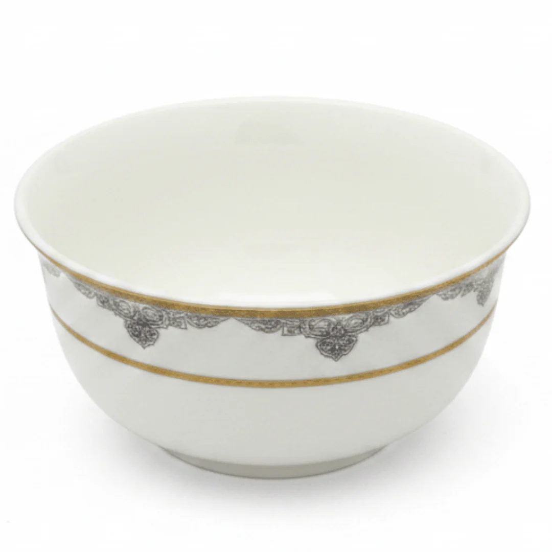 Shallow White Porcelain Soup Bowl with Golden Rim & Floral Design | 4.5 Inch | Premium Tableware
