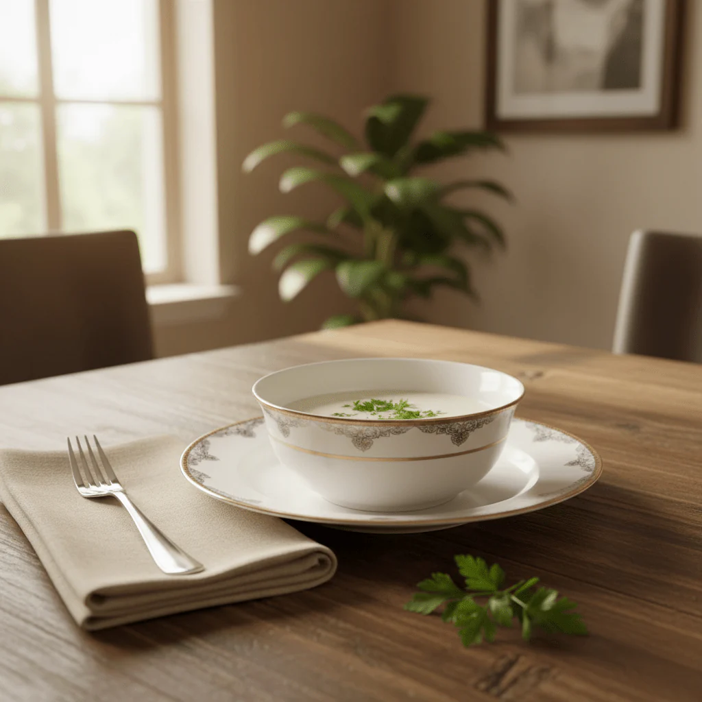 Shallow White Porcelain Soup Bowl with Golden Rim & Floral Design | 4.5 Inch | Premium Tableware - Image 2