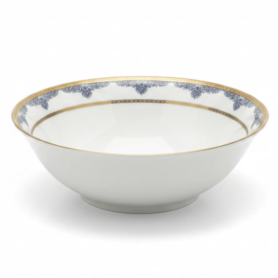 Shallow White Porcelain Soup Bowl with Golden Rim & Blue Floral Design — 6 Inch