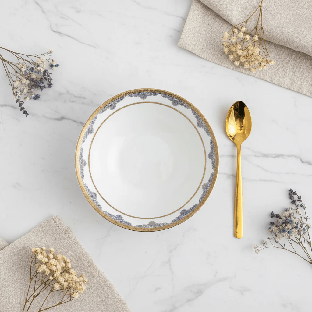 Shallow White Porcelain Soup Bowl with Golden Rim & Blue Floral Design — 6 Inch - Image 2
