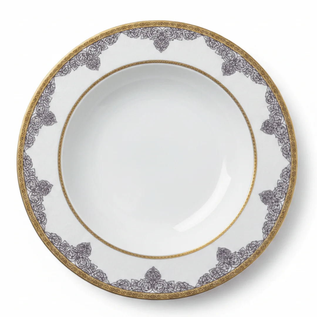 Shallow White Porcelain Soup Plate with Gold Arabesque Rim | 9 Inch | Fine Dining Serveware