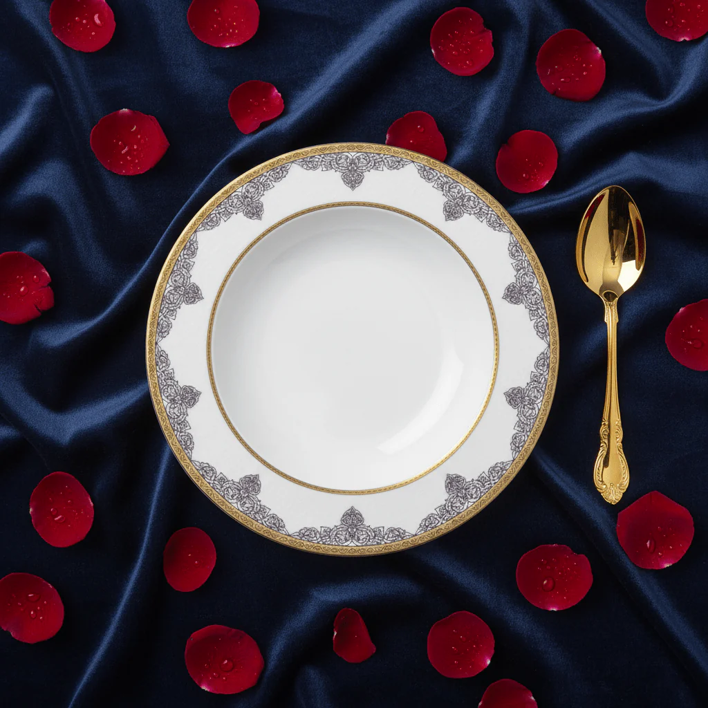 Shallow White Porcelain Soup Plate with Gold Arabesque Rim | 9 Inch | Fine Dining Serveware - Image 3