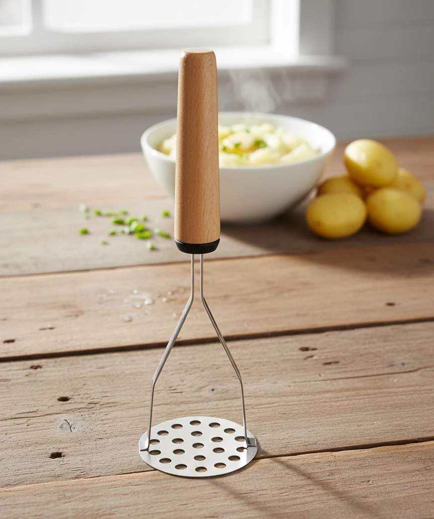 Shengya Heavy-Duty Stainless Steel Potato Masher with Wooden Handle – Efficient Mashing Tool for Potatoes & Vegetables (26 cm) - Image 2