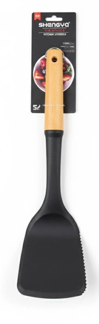 Shengya Non-Stick Silicone Turner with Wooden Handle – Flexible, Heat-Resistant Cooking Spatula (34 cm)