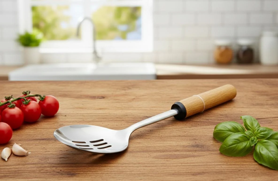 Shengya Stainless Steel Slotted Cooking Spoon with Wooden Handle – Durable, Rust-Resistant Serving Tool (33 cm) - Image 2