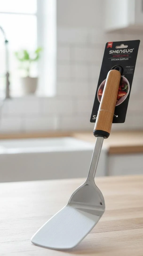Shengya Stainless Steel Solid Turner with Wooden Handle – Strong, Balanced & Heat-Resistant (33 cm) - Image 2