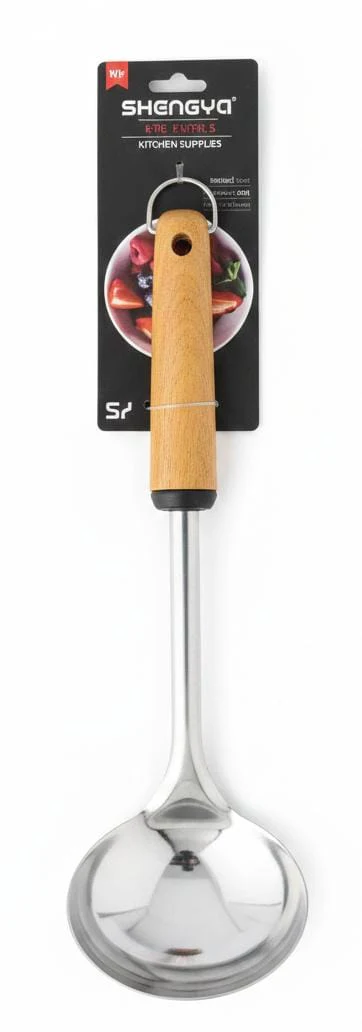 Shengya Stainless Steel Soup Ladle with Wooden Handle – Deep Bowl Design for Soups & Gravies (33 cm)