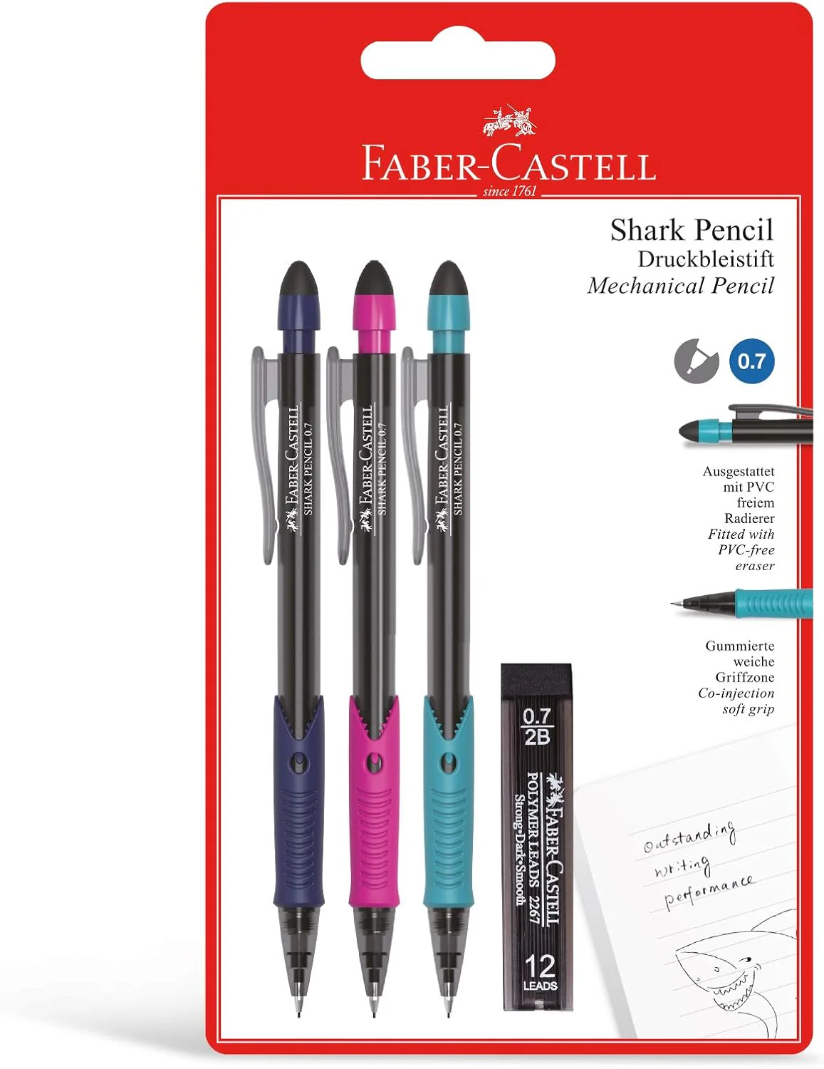 Faber-Castell Shark Mechanical Pencil 0.7mm 2B – 3 Assorted Colours + 12 Leads Refill Tube | Soft Rubber Grip